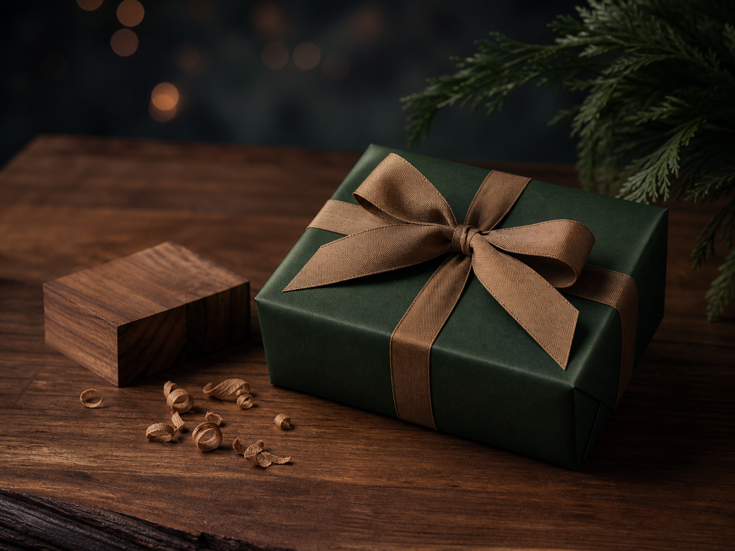 Forest-green gift wrapped beside walnut woodcraft details
