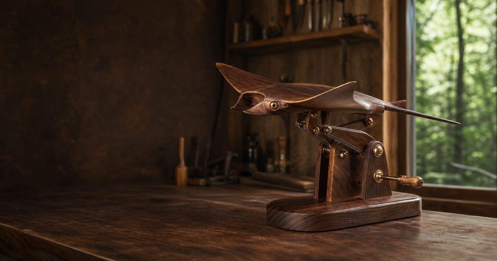 A handcrafted WoodlandGoods wooden automaton in the studio