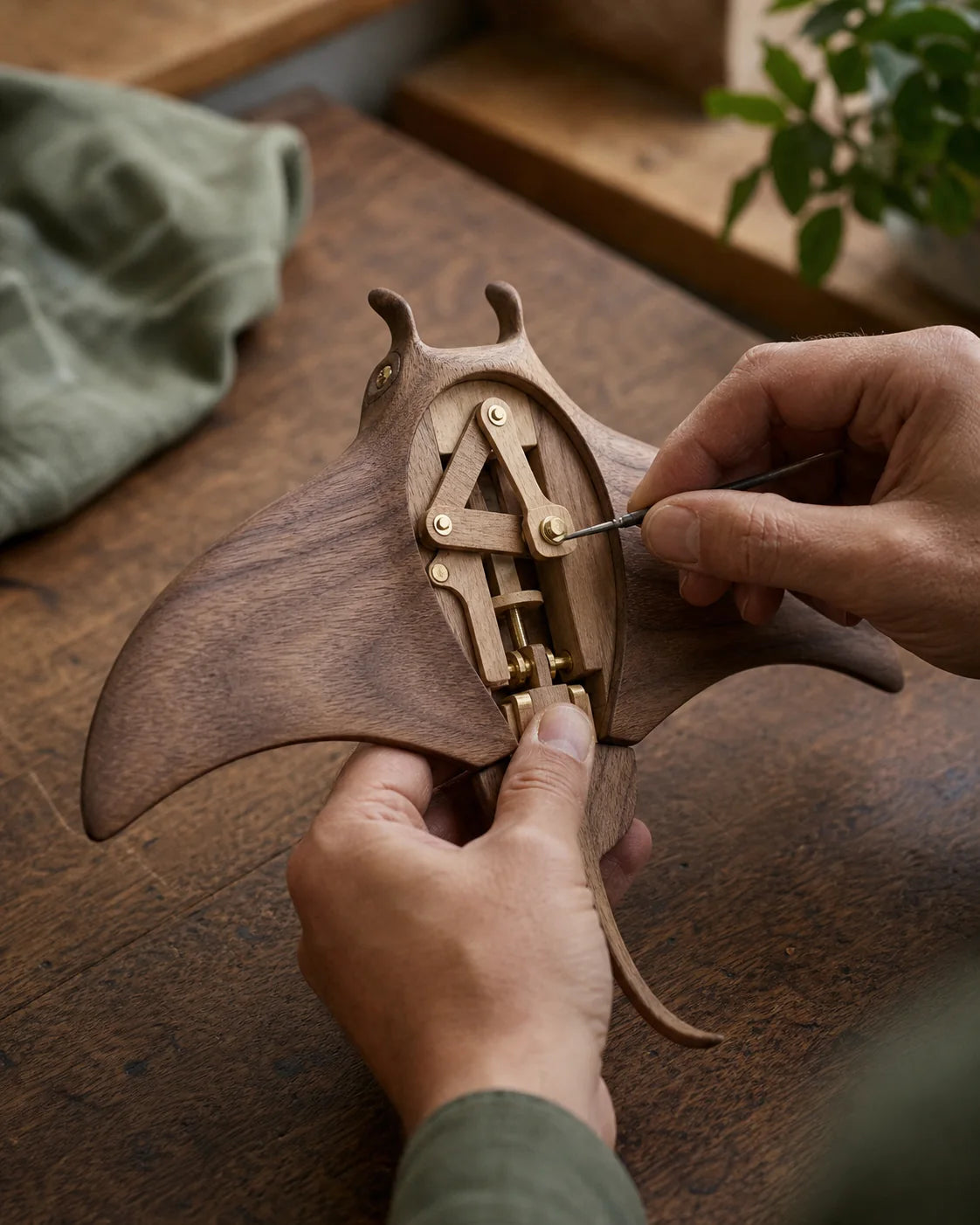 A wooden automaton being adjusted by hand
