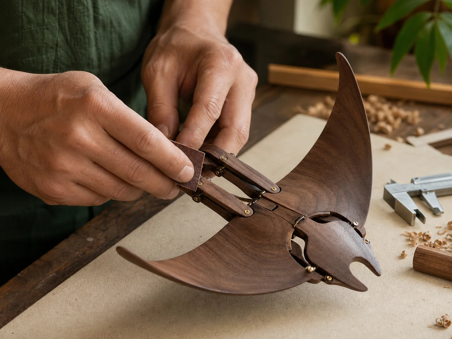 Hands refining a wooden manta ray mechanism