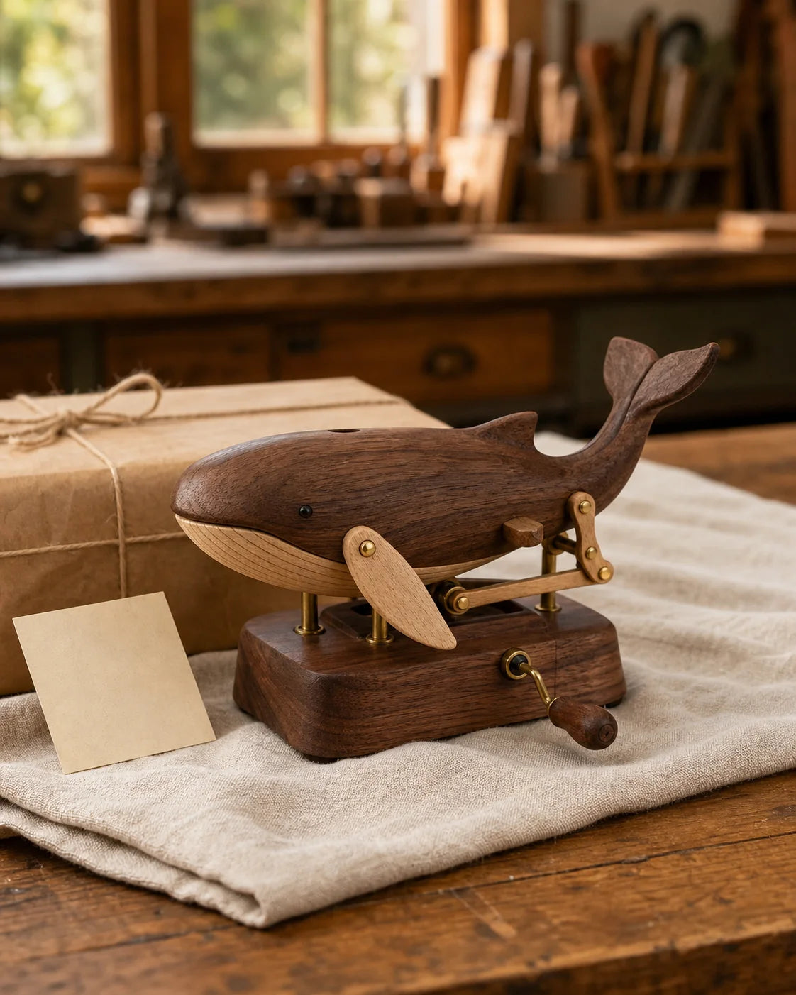A finished wooden whale prepared beside its parcel