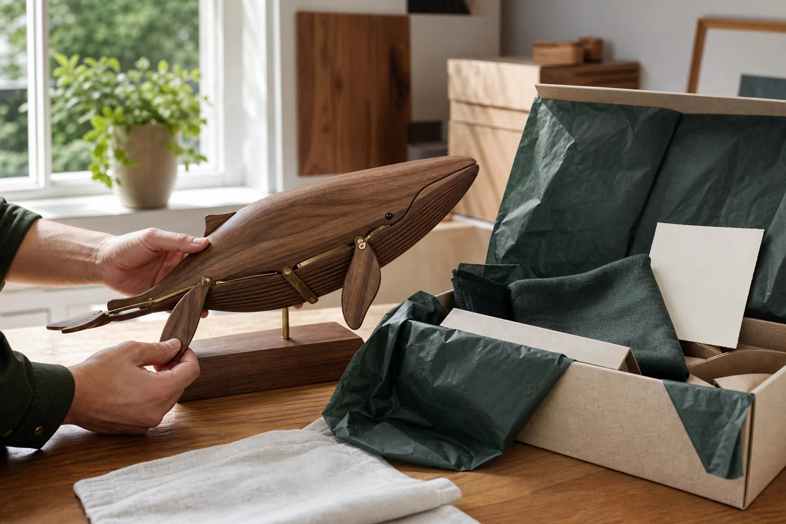 A finished wooden sculpture being inspected before packing