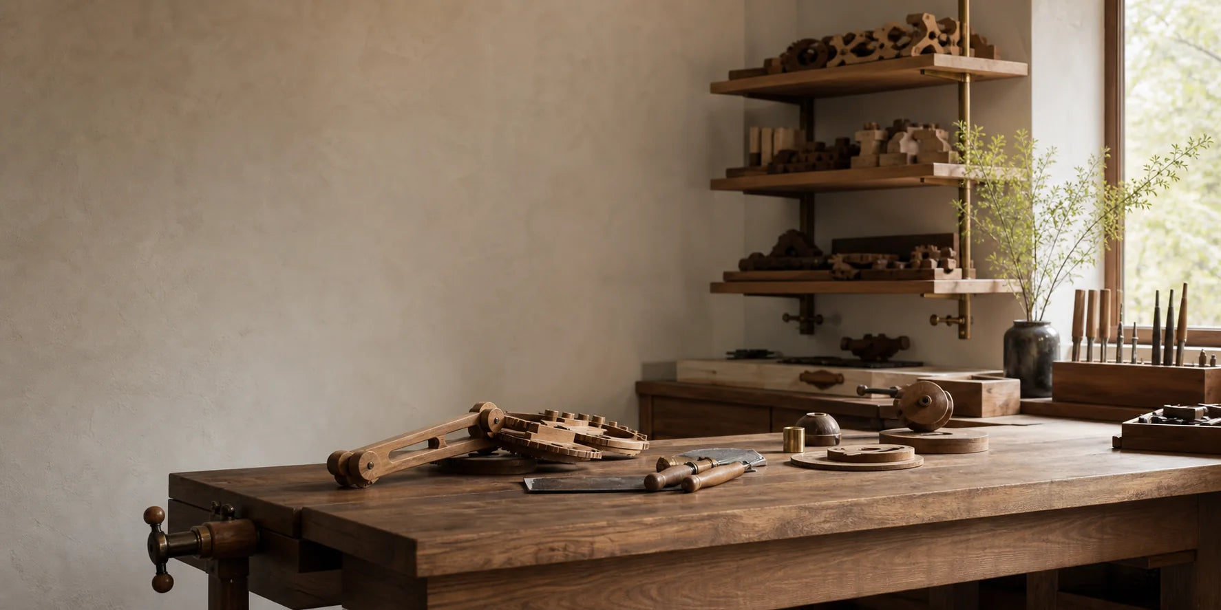 Tools and wooden mechanisms in the WoodlandGoods workshop
